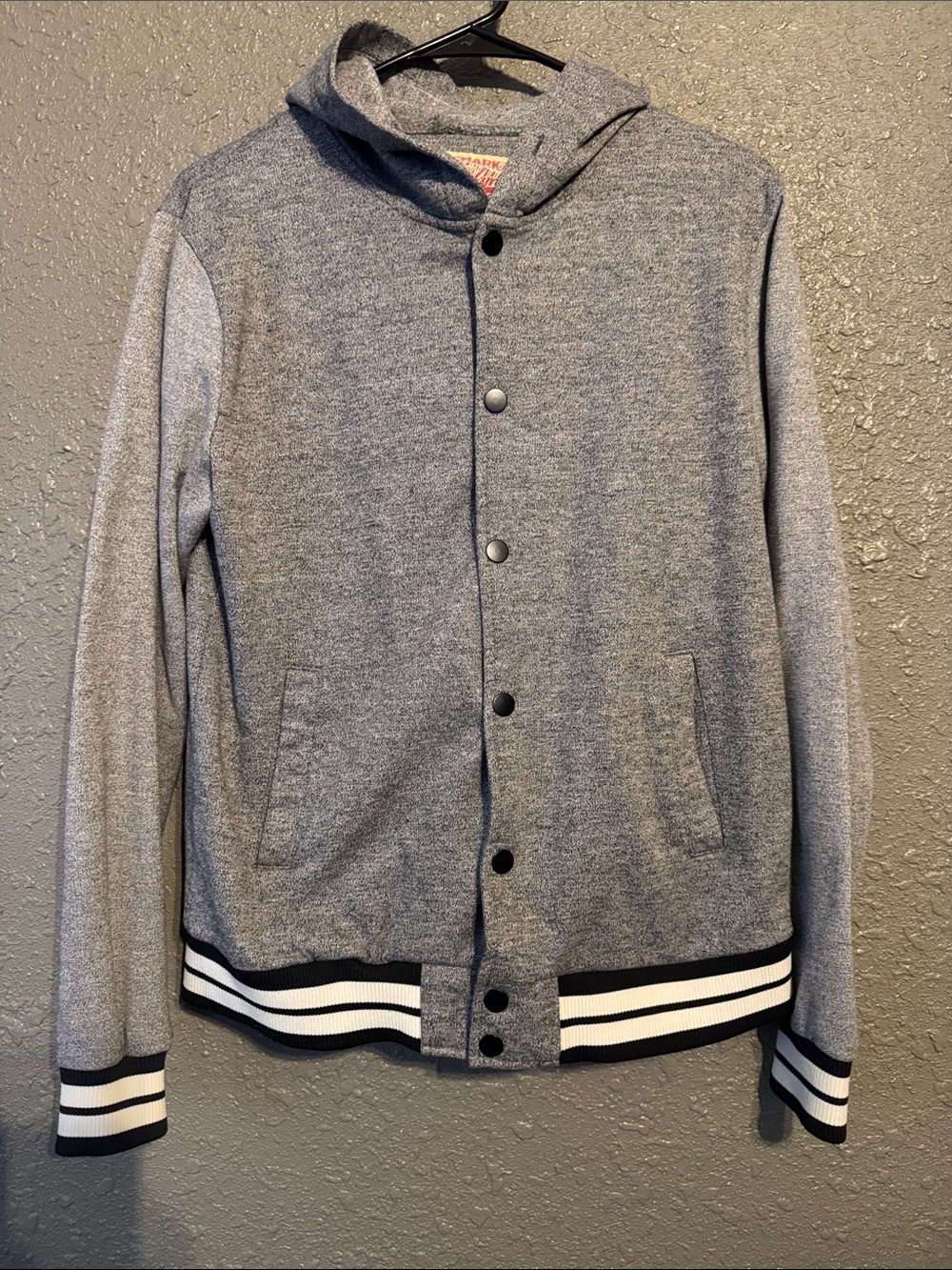 Brooklyn Cloth Gray Hooded Varsity Jacket with Stripe Trim. Missing drawstring